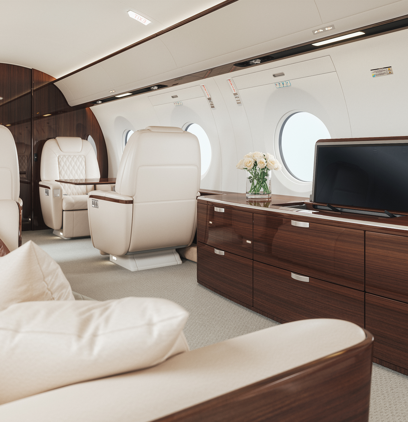 Luxurious private jet cabin with leather seats